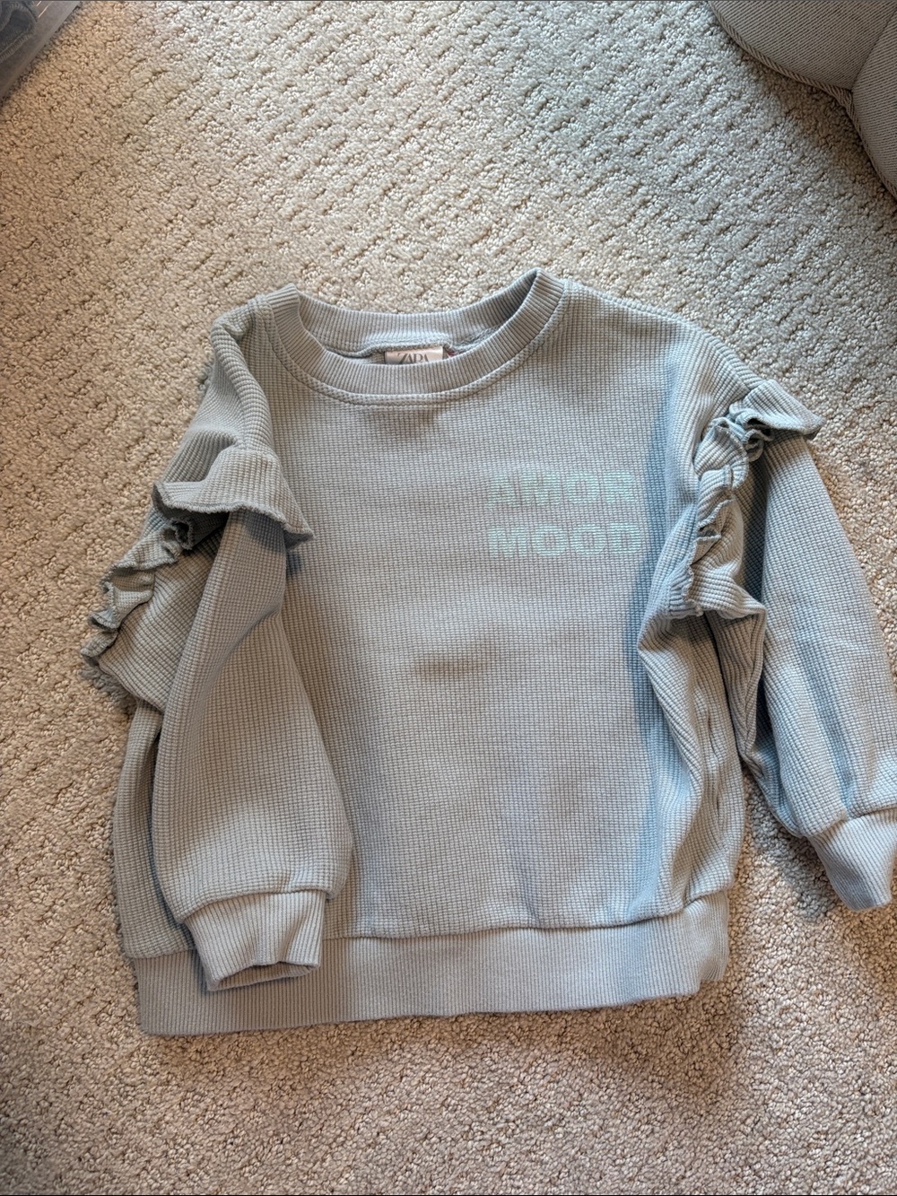 Zara Light Blue Waffle Knit Sweatshirt with Ruffle Sleeves